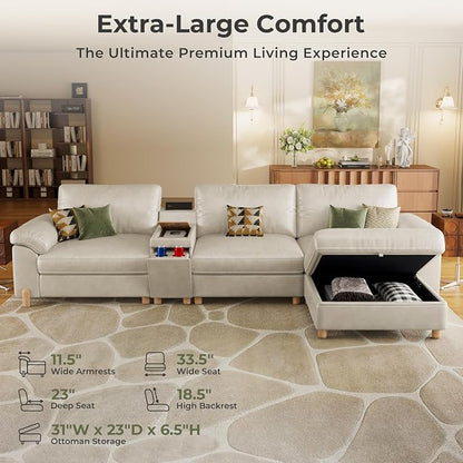 SITJOY Large Cloud Couch, 132" Wide 3 Seater L Shaped with Console, White | Pet-Friendly Scratch-Resistant Leather Sectional Sofas for Living Room, Deep Seat Wide Couch with Chaise, Storage Ottoman