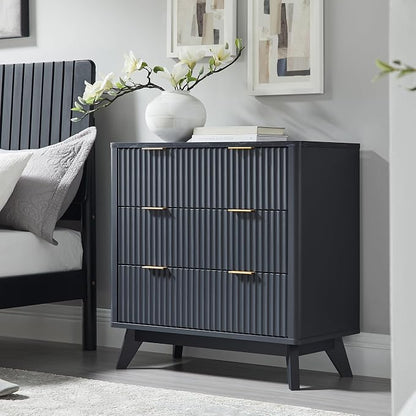 T4TREAM Fluted 3 Drawers Nightstand, Oversized Extra Large Modern Side Table with Faux Marble Top, End Table Bedside for Bedroom, Living Room, Curved Profile Design, Dark Grey