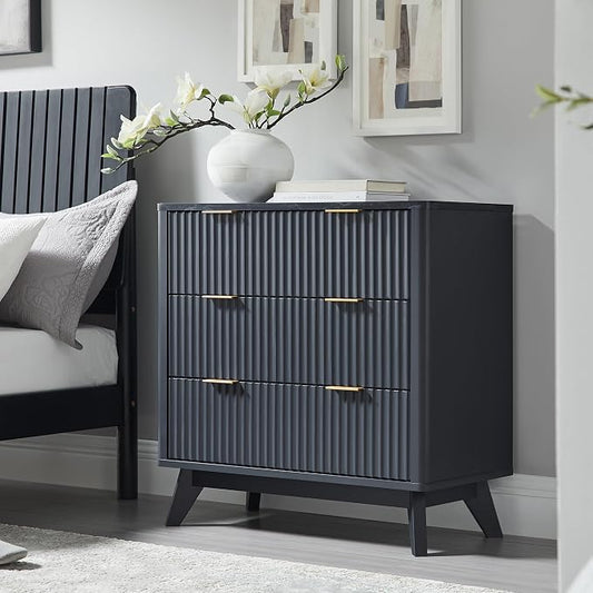 T4TREAM Fluted 3 Drawers Nightstand, Oversized Extra Large Modern Side Table with Faux Marble Top, End Table Bedside for Bedroom, Living Room, Curved Profile Design, Dark Grey