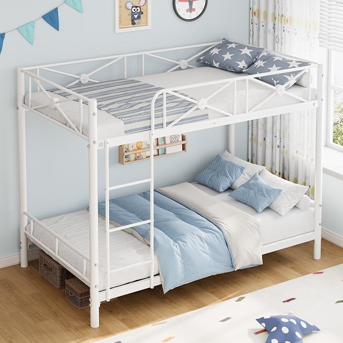 Garvee Metal Bunk Bed Twin Over Twin, Industrial Bunkbeds Heavy Duty Bed with Safety Guard Rails and Space-Saving Design, Steel Bed for School, Bedroom, White