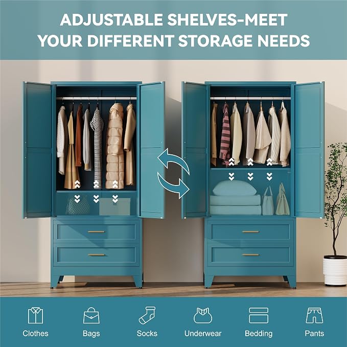 Baborokic Metal Wardrobe Cabinet with Hanging Rod, 71" Armoire Wardrobe Closet with 2 Drawers,Farmhouse Metal Clothing Storage Cabinets with Door and Adjustable Shelves for Bedroom,Laundry Room(Blue)