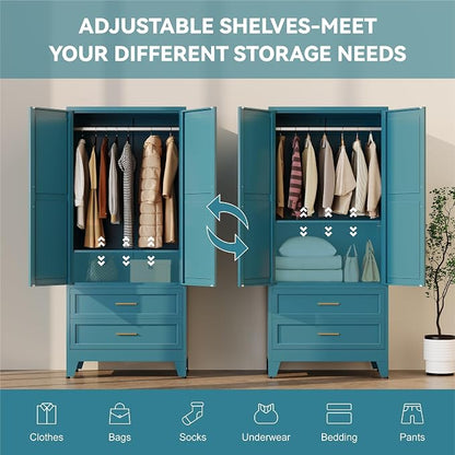 Baborokic Metal Wardrobe Cabinet with Hanging Rod, 71" Armoire Wardrobe Closet with 2 Drawers,Farmhouse Metal Clothing Storage Cabinets with Door and Adjustable Shelves for Bedroom,Laundry Room(Blue)