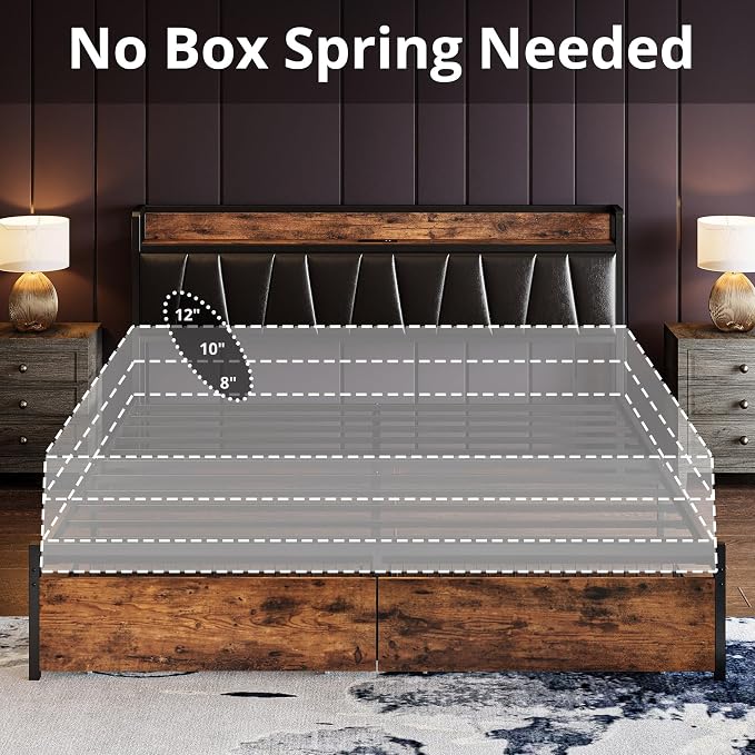 LIKIMIO King Size Bed Frame with 2 Drawers and Charging Station | Platform Bed with Upholstered Storage Headboard, No Box Spring Needed, Easy Assembly, Sturdy, Vintage Brown and Black