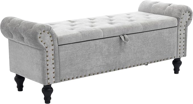 51" Storage Bench for Bedroom, Upholstered Ottoman Bench Chenille LightGray | End of Bed Bench for Bedroom, Window Benches for Living Room, Entryway, Ottoman with Large Storage Space, Pet Friendly