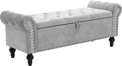 51" Storage Bench for Bedroom, Upholstered Ottoman Bench Chenille LightGray | End of Bed Bench for Bedroom, Window Benches for Living Room, Entryway, Ottoman with Large Storage Space, Pet Friendly