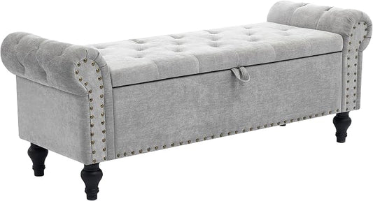 51" Storage Bench for Bedroom, Upholstered Ottoman Bench Chenille LightGray | End of Bed Bench for Bedroom, Window Benches for Living Room, Entryway, Ottoman with Large Storage Space, Pet Friendly