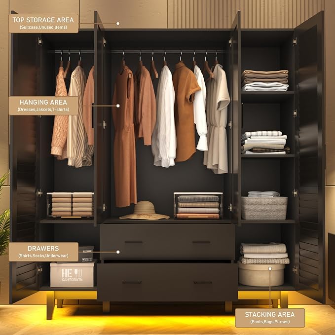 Hlivelood 4 Door Armoire Wardrobe Closet Cabinet with Drawers and LED Lights, Multi-Tier Shelves, Hanging Rod & 4 Louver Doors, Large Capacity Storage Wardrobe Armoire for Bedroom, Black