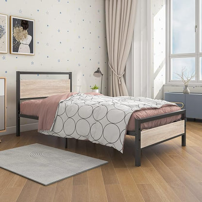 BOFENG Twin Bed Frame with Wood Headboard Farmhouse Bed,Heavy Duty Metal Platform Bed Frames No Box Spring Needed,Firm Mattress Foundation Steel Slat Support Easy Assembly(Natural Oak)