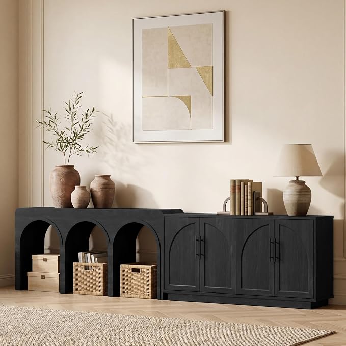 Fatmok Caldera Collection 2-Piece Furniture Set, Arched Console Table with Triple Arch Design and Sideboard Buffet Cabinet with Adjustable Shelves for Living Room, Dining Room and Entryway, Black Grey