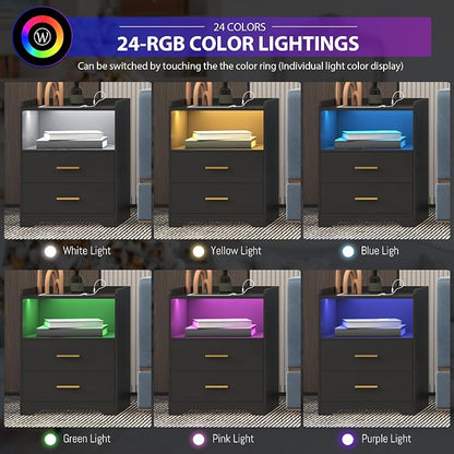 dnbss Black LED Nightstand with Charging Station, Modern Night Stands with 24-Color RGB LED Lights, Smart Lighted Black Bedside Table with 2 Drawers for Bedroom