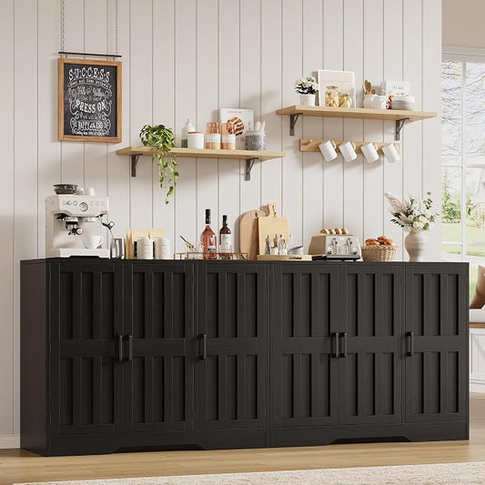 Modern Farmhouse Buffet Cabinet with Storage, 85" Large Sideboard Storage Cabinet with 6 Barn Doors, Coffee Liquor Bar Cabinet Wood Table Credenza with Adjustable Shelf for Kitchen Dining Living Room