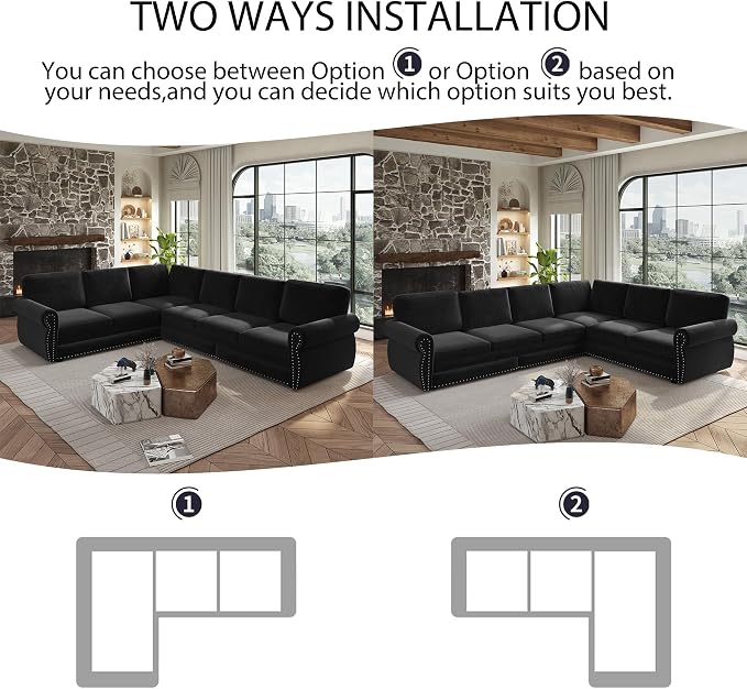 118" L-Shaped Sleeper Couch Bed - Oversize Convertible with Pull-Out Sofa Bed, Button Tufted Chesterfield Sofa, Chenille Sectional Vintage Couches for Living Room/Apartment(6-Seater, Black)