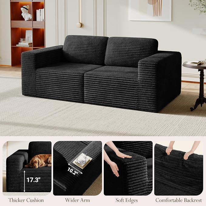 Vesgantti 80" Modular Sectional Sofa, Corduroy Cloud Couch with Deep Seating & Spring Support, 2 Seater Compact Modular Couch, Boneless Sectional Sofa for Small Spaces, No Assembly Required, Black
