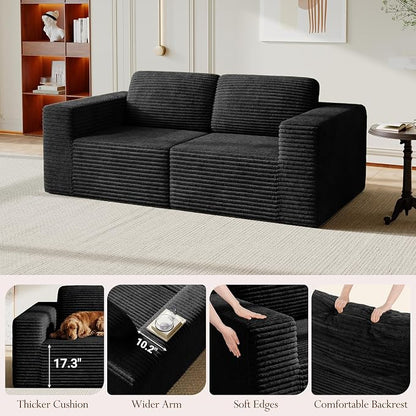 Vesgantti 80" Modular Sectional Sofa, Corduroy Cloud Couch with Deep Seating & Spring Support, 2 Seater Compact Modular Couch, Boneless Sectional Sofa for Small Spaces, No Assembly Required, Black