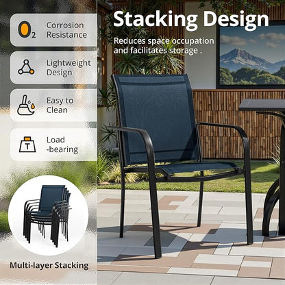 SUNCROWN 8 - Piece Outdoor Dining Set, Patio Furniture Set with 6 Textilene Dinning Chairs, 1 Rectangle Metal Table and 1 Sky Blue 9Ft Patio Umbrella for Lawn Garden Backyard Deck, Blue