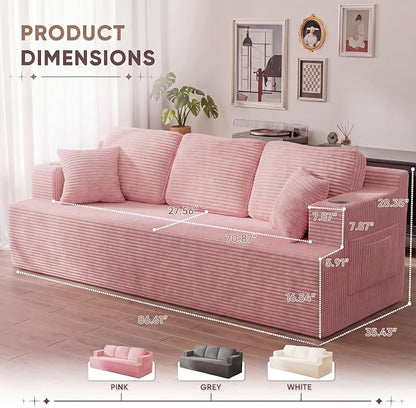 Homall 87” Boneless Sofa Couch with 2 Pillows Extra Deep Seats, Corduroy Fabric 3 Seater with Cup Holder & Storage Pocket Upholstered Floor Easy Installation (Pink, 3 Seater)