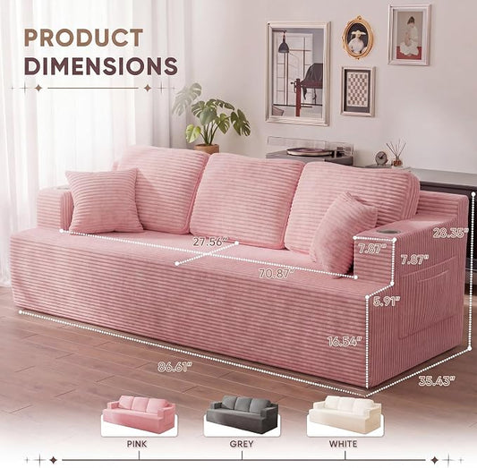 Homall 87” Boneless Sofa Couch with 2 Pillows Extra Deep Seats, Corduroy Fabric 3 Seater with Cup Holder & Storage Pocket Upholstered Floor Easy Installation (Pink, 3 Seater)