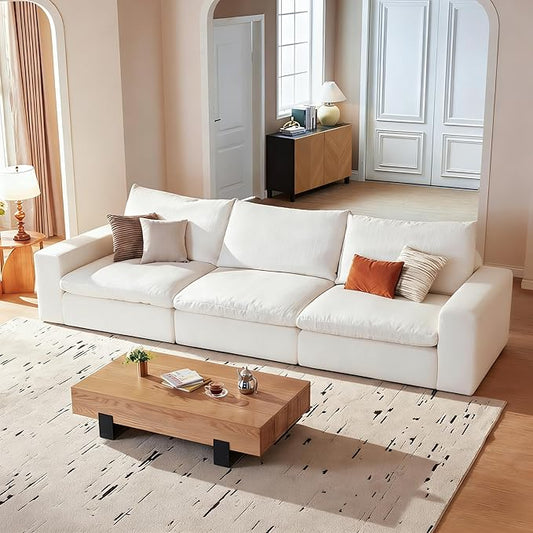 Modular Cloud Sofa, 113.8" Cloud Sectional Couches with Deep Seat, 3-Seat Couch for Living Room, Modern Comfy Couch with Washable Cover, Wide Armrest (White)