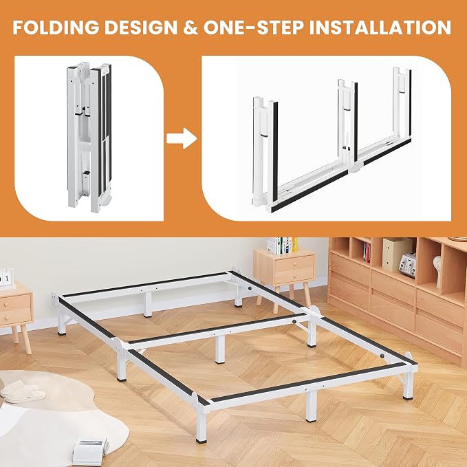 MAF Metal Bed Frame Queen, 9-Legs Support Bed Base, 8 Inches Queen Bed Frame for Box Spring and Mattress, Basics Bed Frame Headboard Attachable Tool-Free Easy Assembly, White