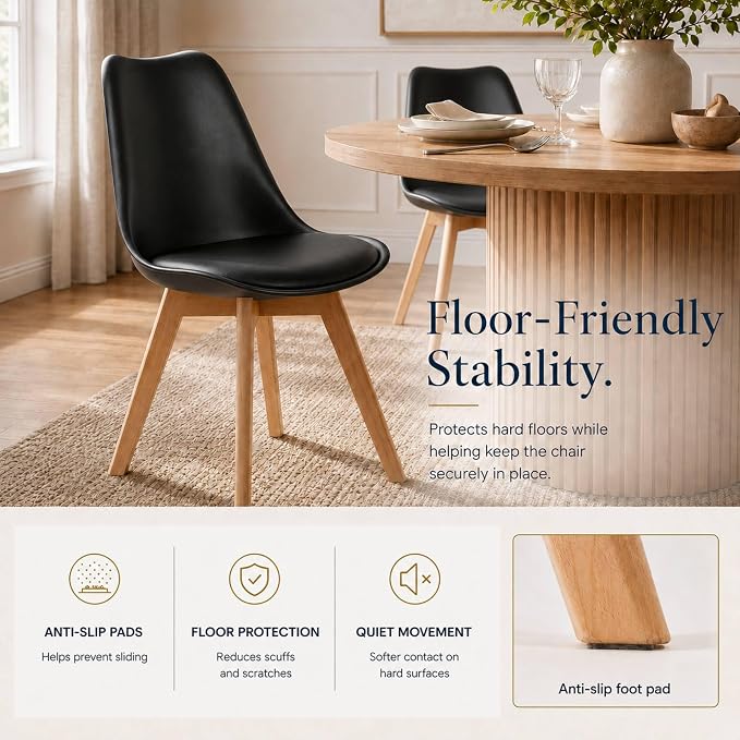 Dining Chairs Set of 8, Modern Upholstered Dining Room Chairs with PU Leather Padded Seat, Armless Kitchen Chairs with Curved Backrest and Solid Wood Legs for Dining Room, Kitchen, Apartment, Black
