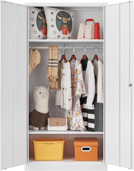 Metal Wardrobe Cabinet with Hanging Rod & Lock,White Armoire Wardrobe Closet,Metal Clothing Storage Cabinet with Adjustable Shelves and Doors,72" Armoire Storage Cabinets for Home,Living/Laundry Room