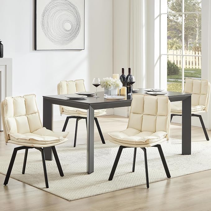 BedsPick 360° Swivel Dining Chair Set of 4 - Faux Leather Upholstered Kitchen Chair, Mid Century Modern Dining Room Chair with Metal Legs for Kithcen/Living Room/Reception/Office, Beige