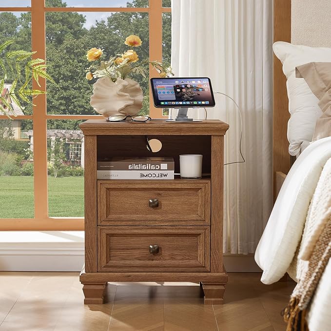 SAVOR LIFE Farmhouse Night Stand with Charging Station, Antique Bedside Table with Open Shelf & Thick Tabletop & Square Wooden Legs, Brown