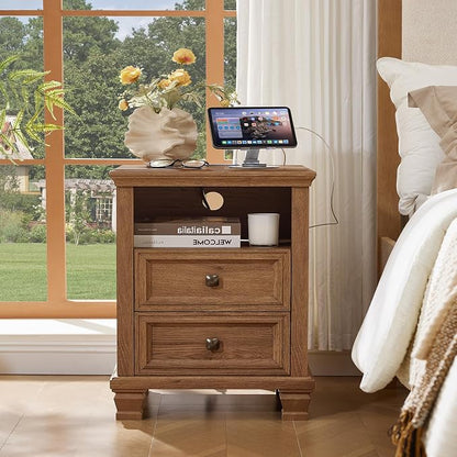 SAVOR LIFE Farmhouse Night Stand with Charging Station, Antique Bedside Table with Open Shelf & Thick Tabletop & Square Wooden Legs, Brown