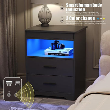 Night Stand Set of 2, Charging Bedside Table with USB & Type-C Port, LED Night Stand with Human Sensor Light, Modern End Table with Gun Drawers for Bedroom Office, Grey