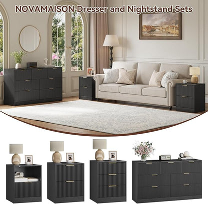 7 Drawer Dresser & Nightstand Set 3-Piece, 55” Wide Bedroom Dressers and Night Stand Set of 2 with Metal Handle, Fluted Modern Wood Chest of Drawers Storage Dressers Set for Bedroom, Black