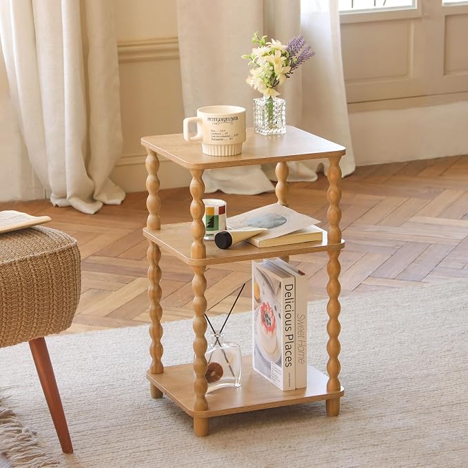 Fultyle End Table, Modern Side Table with 3 Tier Open Shelf, Small Table Bed Side Tables Bedroom for Small Spaces, Living Room and Office (Rustic Walnut)
