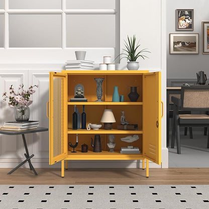 Yellow Metal Locker CabinetsMetal Locker Storage Cabinet with Mesh Doors and Adjustable Shelves Coffee Bar Cabinet,Kitchen Pantry Storage Cabinets for Home, Office, Entryway and Hallway