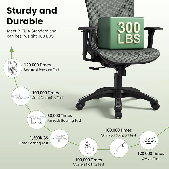 Ergonomic Office Chair, Mesh Computer Desk Chairs with Adjustable Lumbar Support, 3D Armrests, Tilt Function, Comfy Wide Seat, Swivel Executive Work Task Chair for Company and Home
