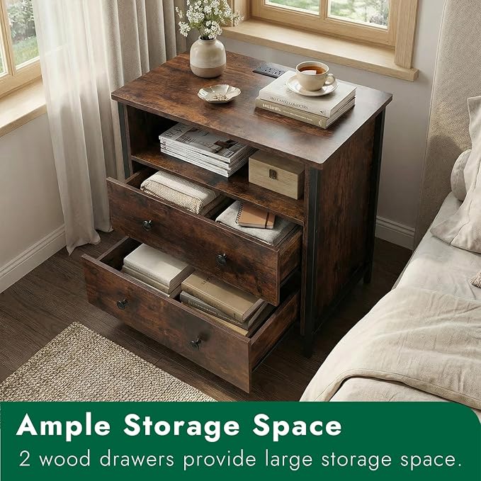 27 Inch LED Nightstand with Charging Station, 2 Drawers, Retro | Solid Wood and Steel Frame, 2 AC Outlets, 2 USB Ports, RGB App Control, Open Storage, Adjustable Feet, for Bedroom or Office