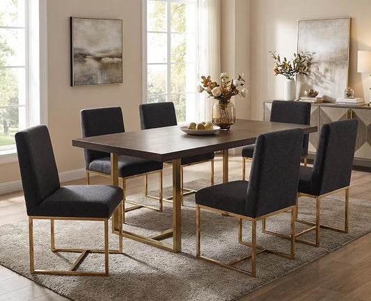 CIMOTA Black Modern Dining Chairs Set of 6, Upholstered Dining Room Chairs Armless Guest Side Chair with Gold Base for Dining Room/Kitchen, Charcoal Black, 6PCS