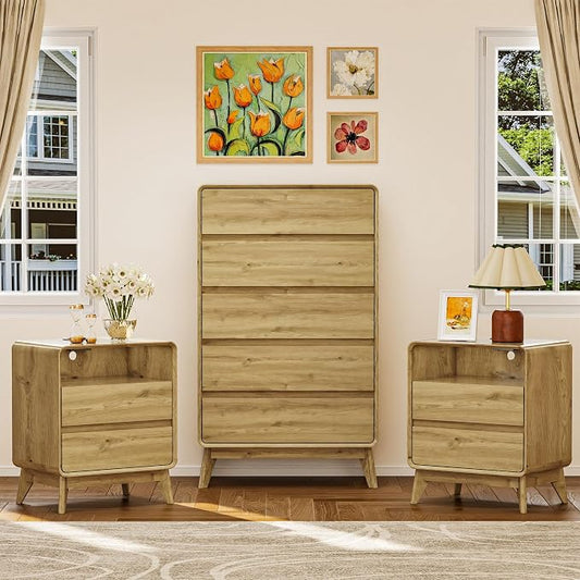 3-Piece Farmhouse Bedroom Storage Set, 5-Drawer Chest & Nightstands Set of 2 with Charging Station, Handle-Less Design, Rounded Corners, Anti-Tip Safety Furniture, Natural