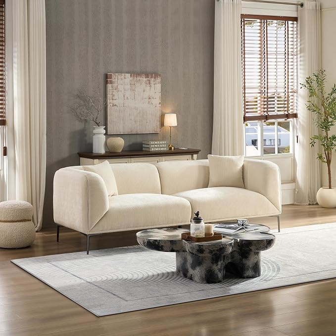 82.68" Modern Luxury Fabric Sofa Couch with Metal Legs, Upholstered 3-Seater Sofa for Living Room, Easy Assembly Contemporary Linen Couch, Stylish Comfort Seating for Apartment & Home(White)