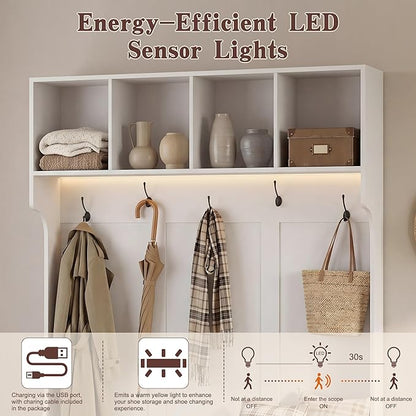 Hall Tree with Bench and Shoe Storage, 5-in-1 Entryway Coat Rack with LED Sensor Light, Hooks and Storage Cubes, Shoe Cabinet with Fluted Door, Modern Hall Tree for Entryway, Living Room