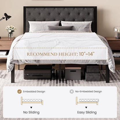 SHA CERLIN Queen Size Metal Bed Frame and Linen Tufted Headboard, Dark Gray | Modern Design Heavy-Duty Platform Bed, No Box Spring Need, Linen Fabric Upholstery, Noise Free, Easy Assembly
