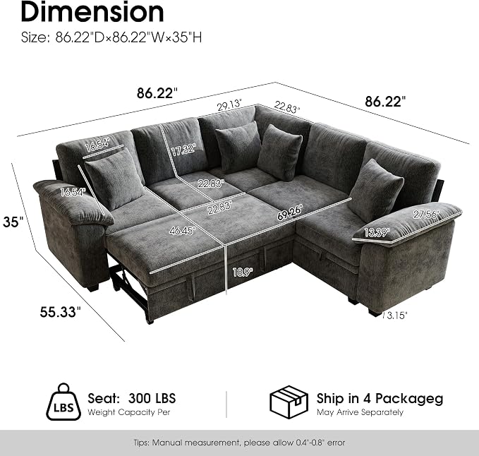 86" Modular Sectional Sleeper Sofa with Pull Out Bed, L Shaped 5 Seat Couch with 151L Storage, Convertible Cloud Couch Bed, Sectional Couches for Living Room, Apartment (Gray)