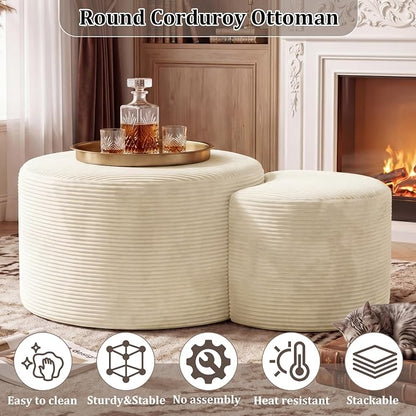 BSHOMGI Round Coffee Table Set of 2, Movable Ottoman for Corduroy Cloud Sectional Couches Circle Foam Round Side Table for Living Room, Bedroom Entryway and Small Spaces No Assembly (Beige)