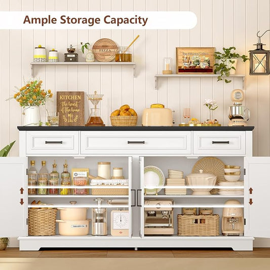 usikey 59” Large Buffet Cabinet with 4 Doors and 3 Drawers, Buffet Sideboard Cabinet with Storage and 2 Adjustable Shelves, Coffee Bar, Wine Bar for Living Room, White