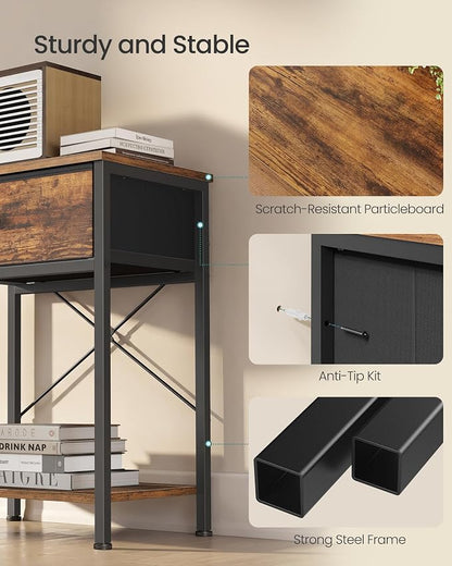 SONGMICS Bedside Table, Side Table with Drawer, Nightstand with Lower Shelf, for Bedroom, Living Room, 11.8 x 15.6 x 23.8 inches, Set of 2, Rustic Brown, BELLAH Collection ULGS111K101S