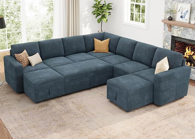 HONBAY Modular Sectional Sleeper Sofa with Pull Out Couch, Corduroy Oversized Sectional Couches Pull Out Bed with U Shaped Sleeper Storage for Living Room - Blue