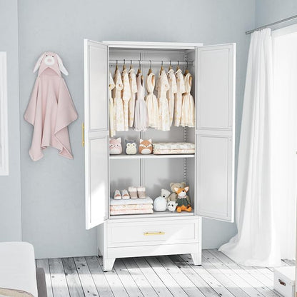 Ckzbx 71" H Metal Armoire Wardrobe Closet with Drawer, Adjustable Shelf, Clothes Drying Pole, Clothes Storage Closet for Bedroom (White)