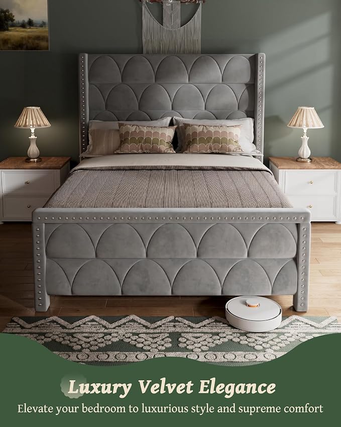OHOHOLIVE Queen Size Bed Frame with 56" Headboard - Velvet Upholstered Wingback Platform Bed Frame, Noise Free, Sturdy Wooden Slat Support (Deep Gray, Queen)