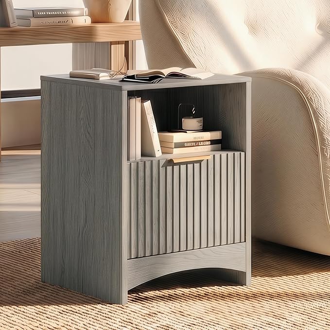 Marsail Fluted Nightstand Set of 2, Wooden Nightstands with Drawers, Modern Bedside Table with Charging Station and Storage, End Table with Storage Side Table for Bedroom, Grey