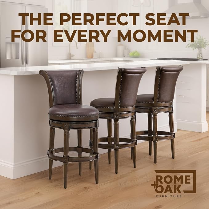 ROME + OAK Set of 3 Runyan 31" Swivel Bar Stool, High Back Barstool in Dark Walnut Finish with Vintage Brown Vegan Leather Seat