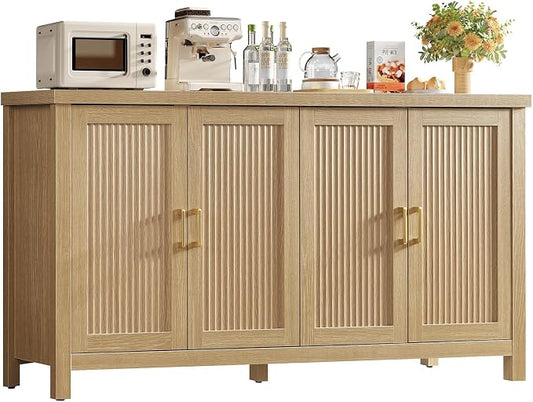 TEENFON Buffet Cabinet with Storage, 63" Fluted Sideboard Cabinet with 4 Adjustable Shelves, Modern Coffee Bar with 4 Doors, Coffee Bar Cabinet for Kitchen, Living Room, Natural