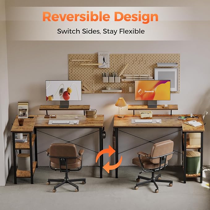 Mericonia Small L Shaped Computer Desk with Power Outlets, Reversible Gaming Desk with Storage Shelves & Monitor Stand, Corner Gamer Desk Table, Study Writing Table